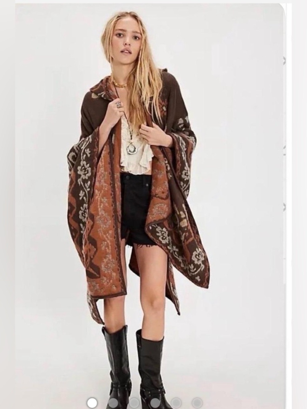 Free People Brown & Tan Hooded Poncho Sweater - Picture 2 of 5